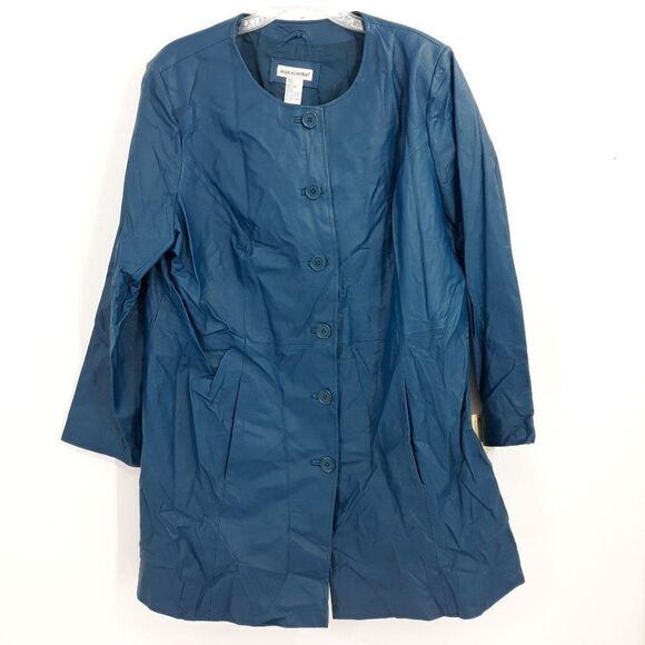 Vtg 80's Jessica London Leather Coat Turquoise Longline Collarless Long Sz 18 - Picture 1 of 10